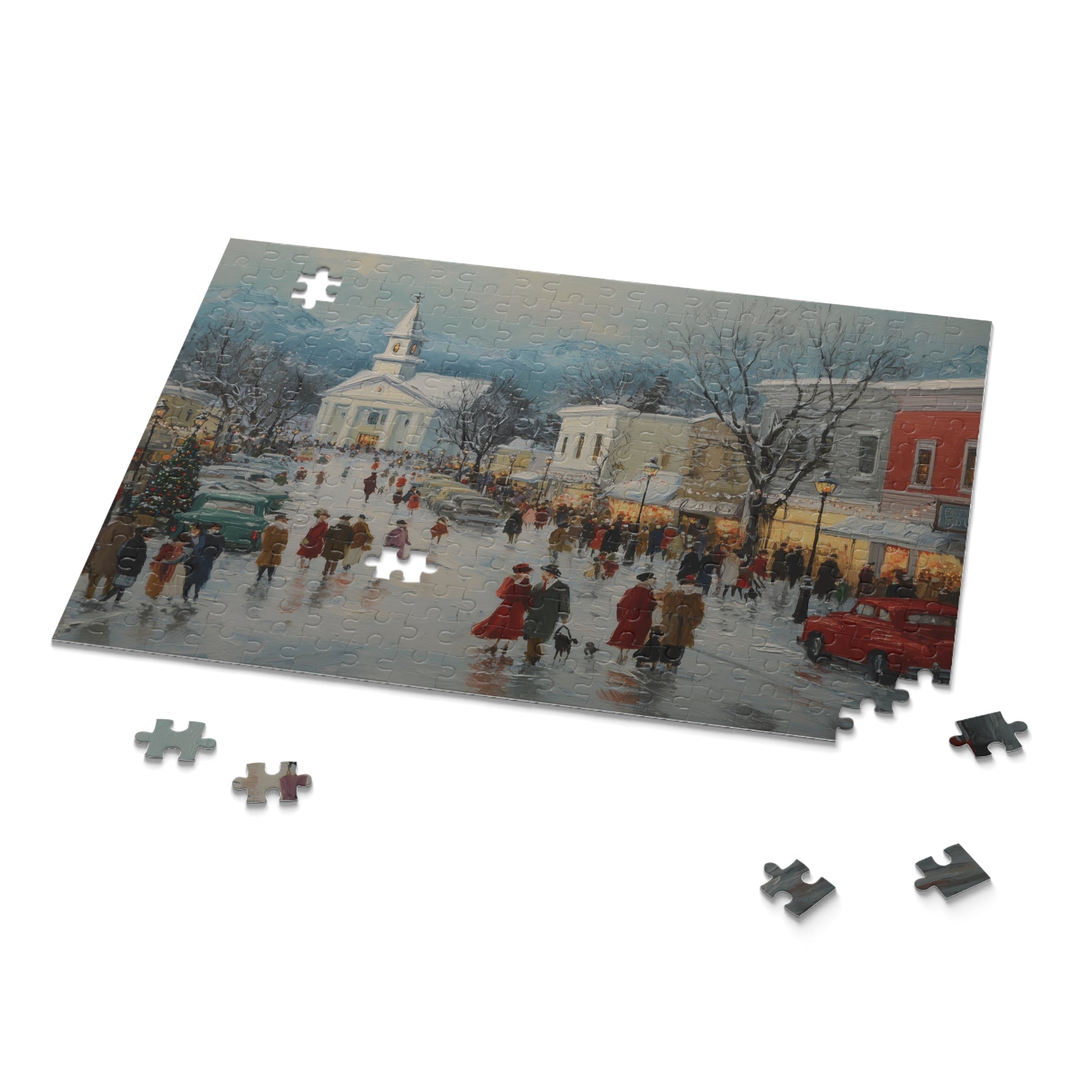 Relaxing winter puzzle for adults featuring beautiful town scene