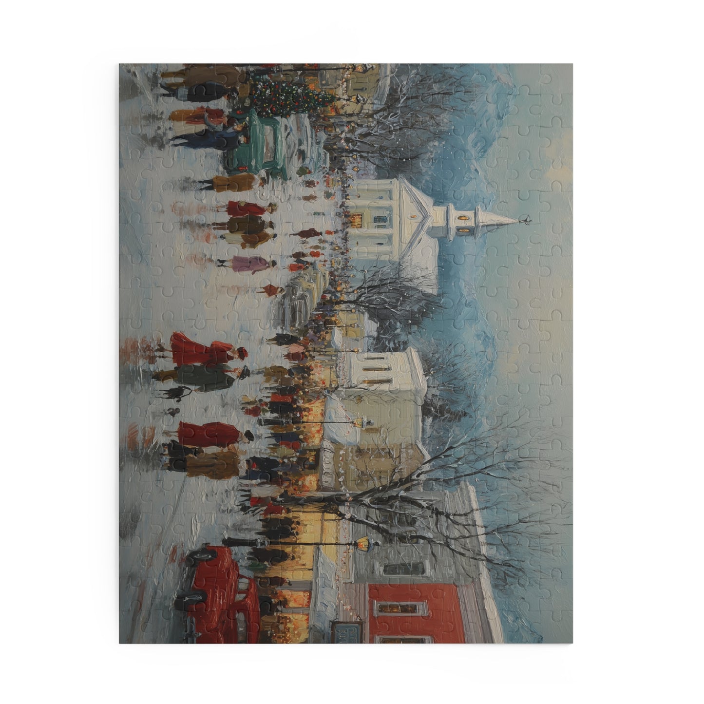 Holiday jigsaw puzzle box showing cozy snow-covered village